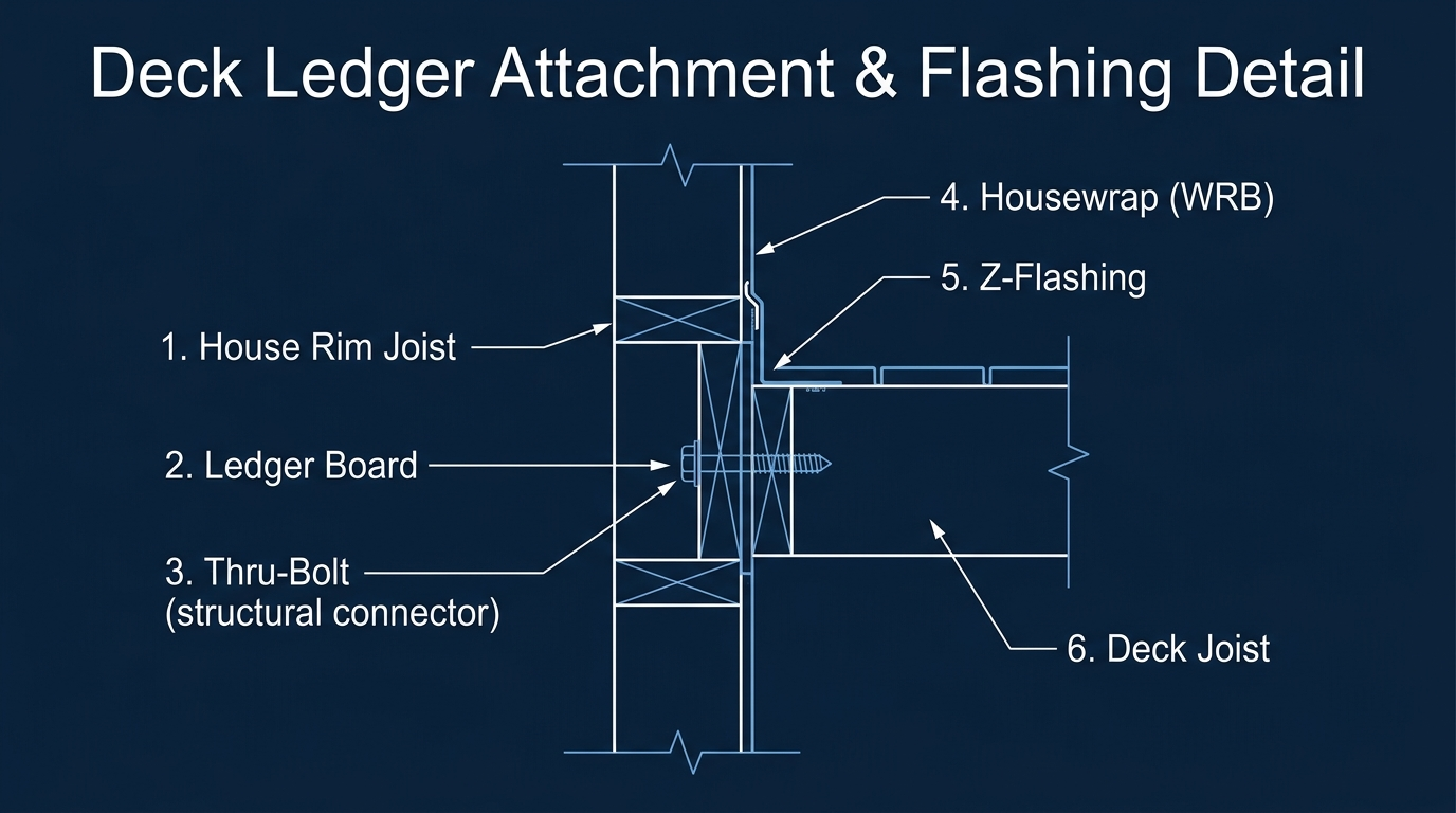 Deck Ledger Attachment & Flashing Detail