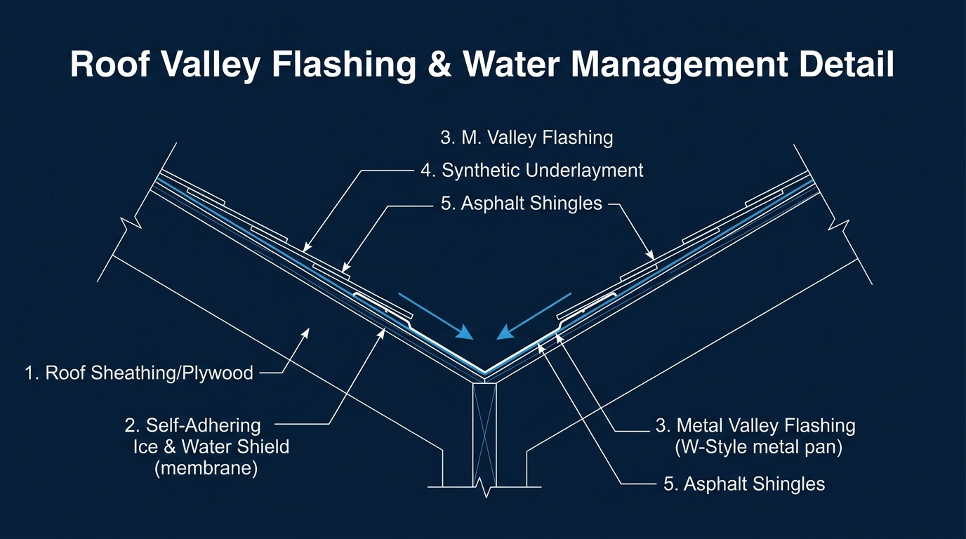 Roof Valley Flashing & Water Management Detail