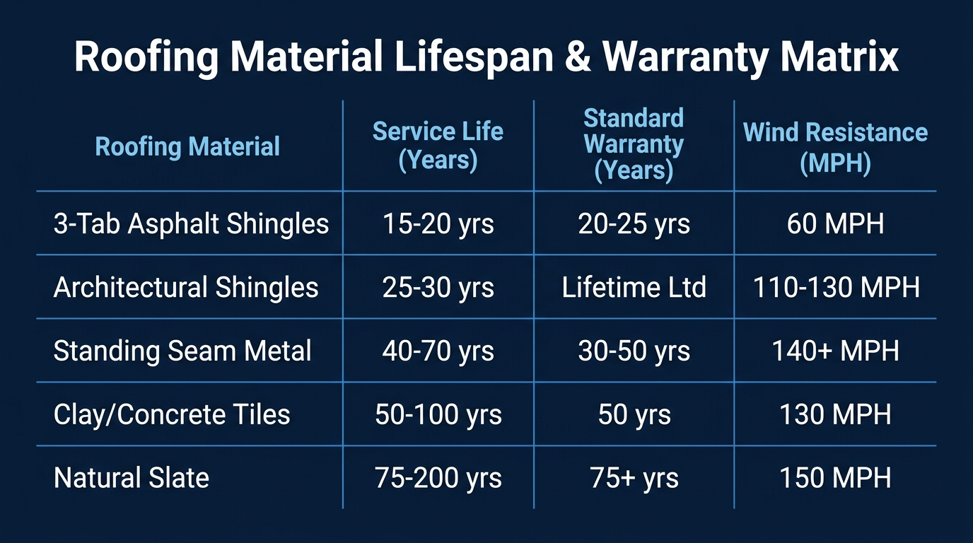 Roofing Material Lifespan & Warranty Matrix