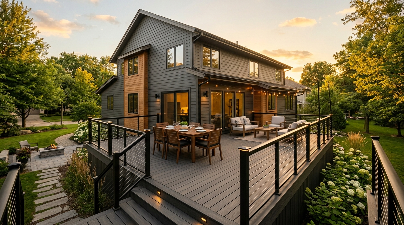 Composite deck with hidden fasteners, built-in lighting, and glass panel railing system on a two-story home
