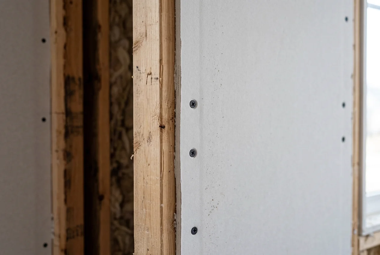 Close up of drywall sheet hung on wooden framing stud showing standard drywall screws evenly spaced