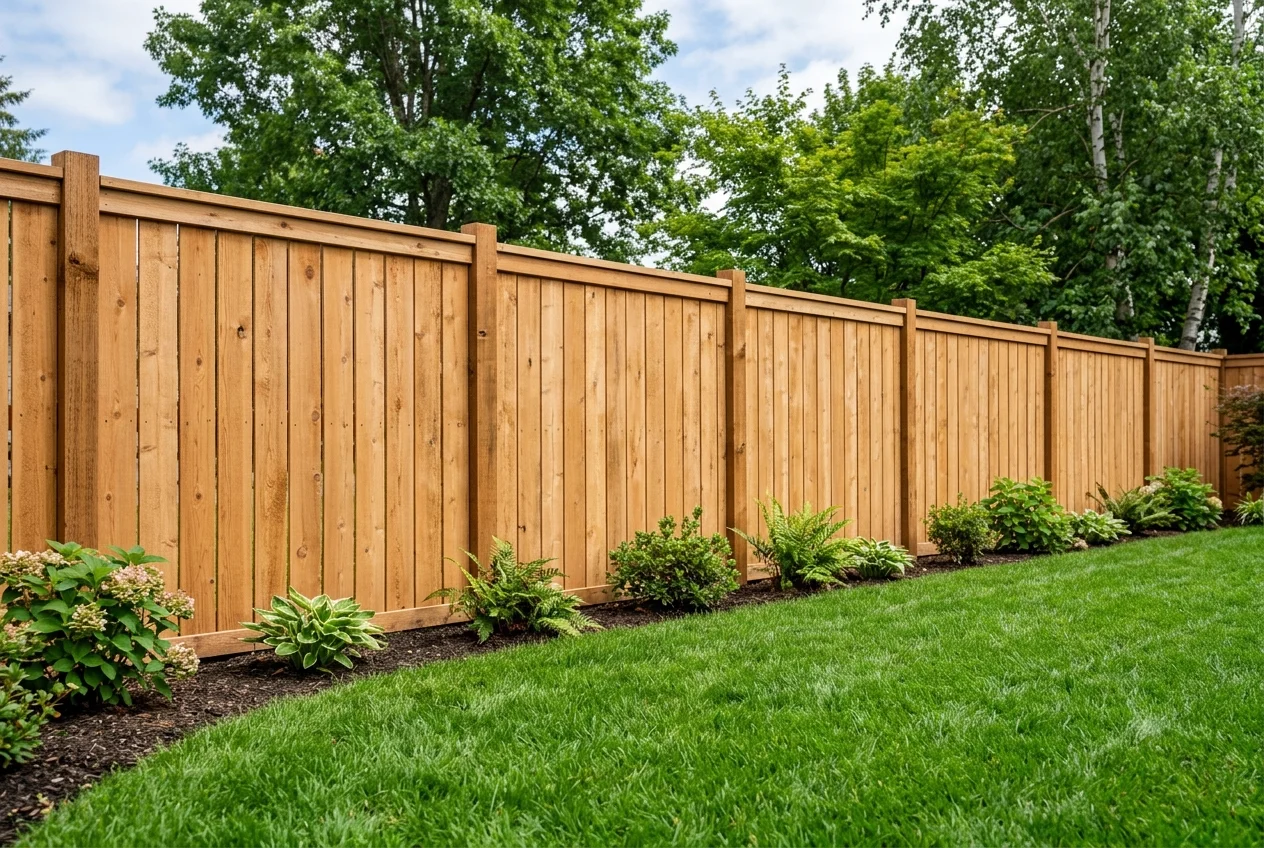 Modern vertical wood privacy fence made of cedar pickets along a green yard