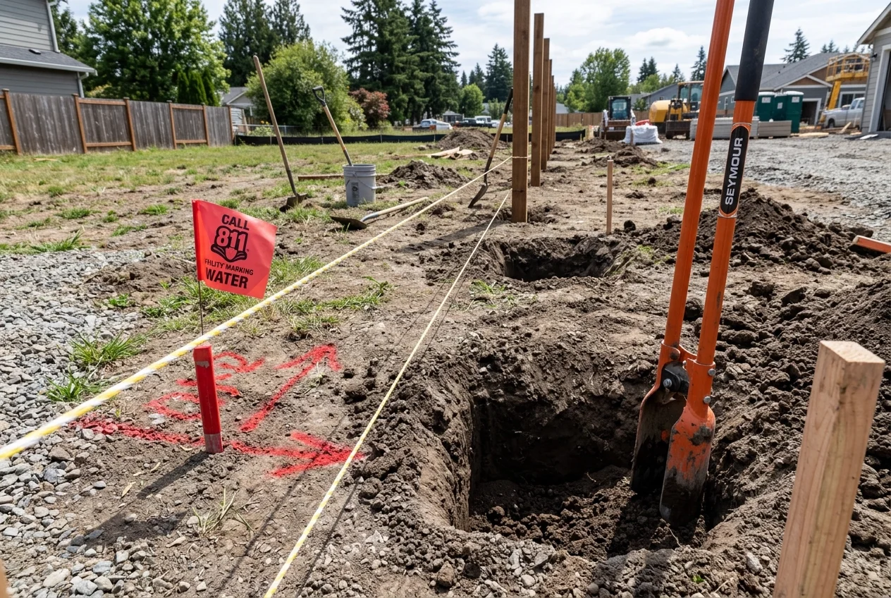 Fence line post holes dug in soil with layout string lines and Call 811 utility markings