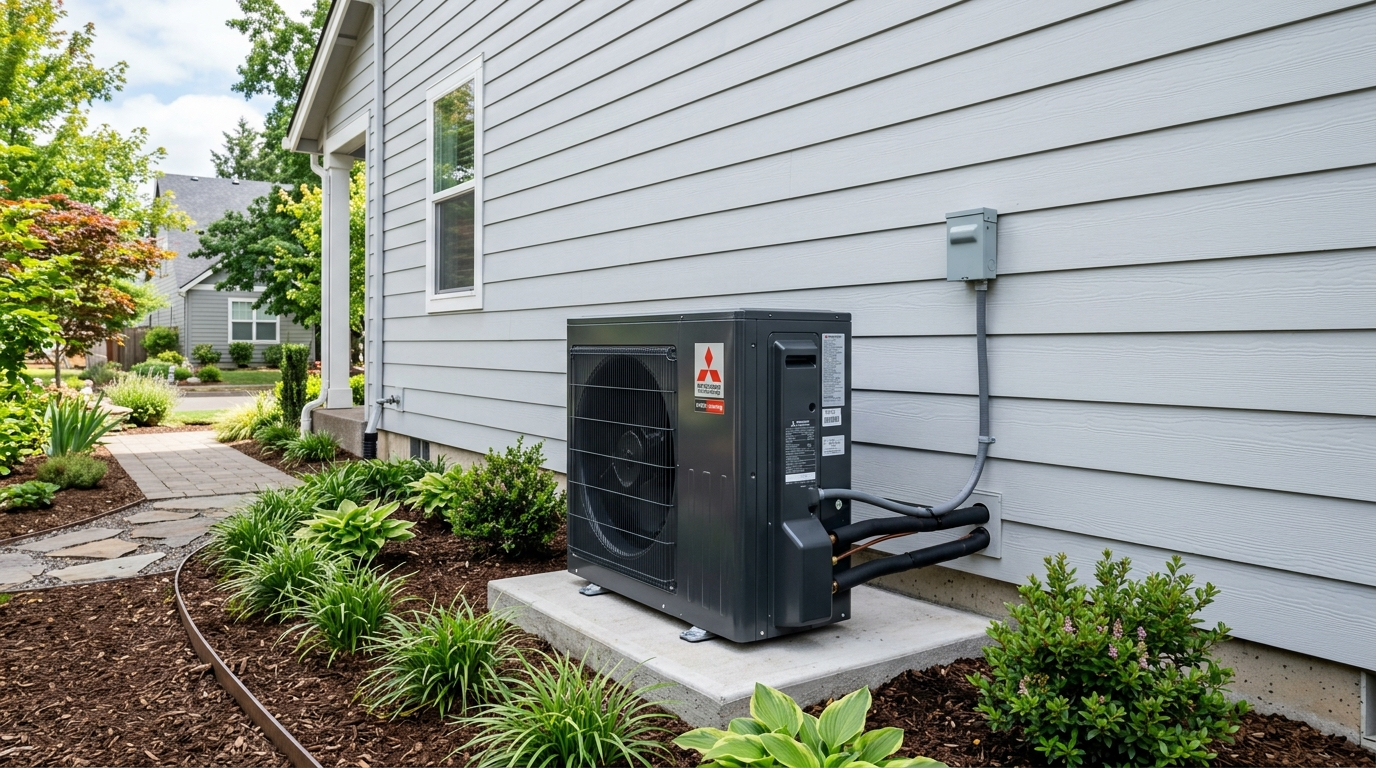 Modern high-efficiency heat pump system installed on the exterior of a residential home