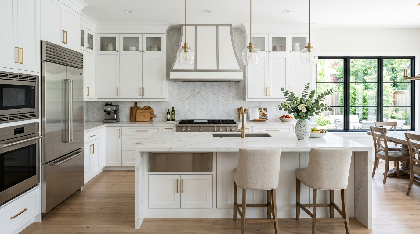 Modern kitchen remodel with white shaker cabinets, quartz countertops, and stainless steel appliances