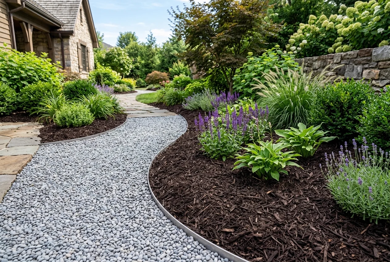 Lush planter beds containing dark shredded wood mulch and light gravel path