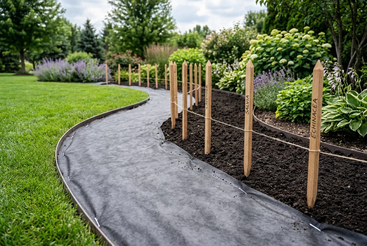Winding garden bed containing clean soil with weed barrier landscape fabric laid down