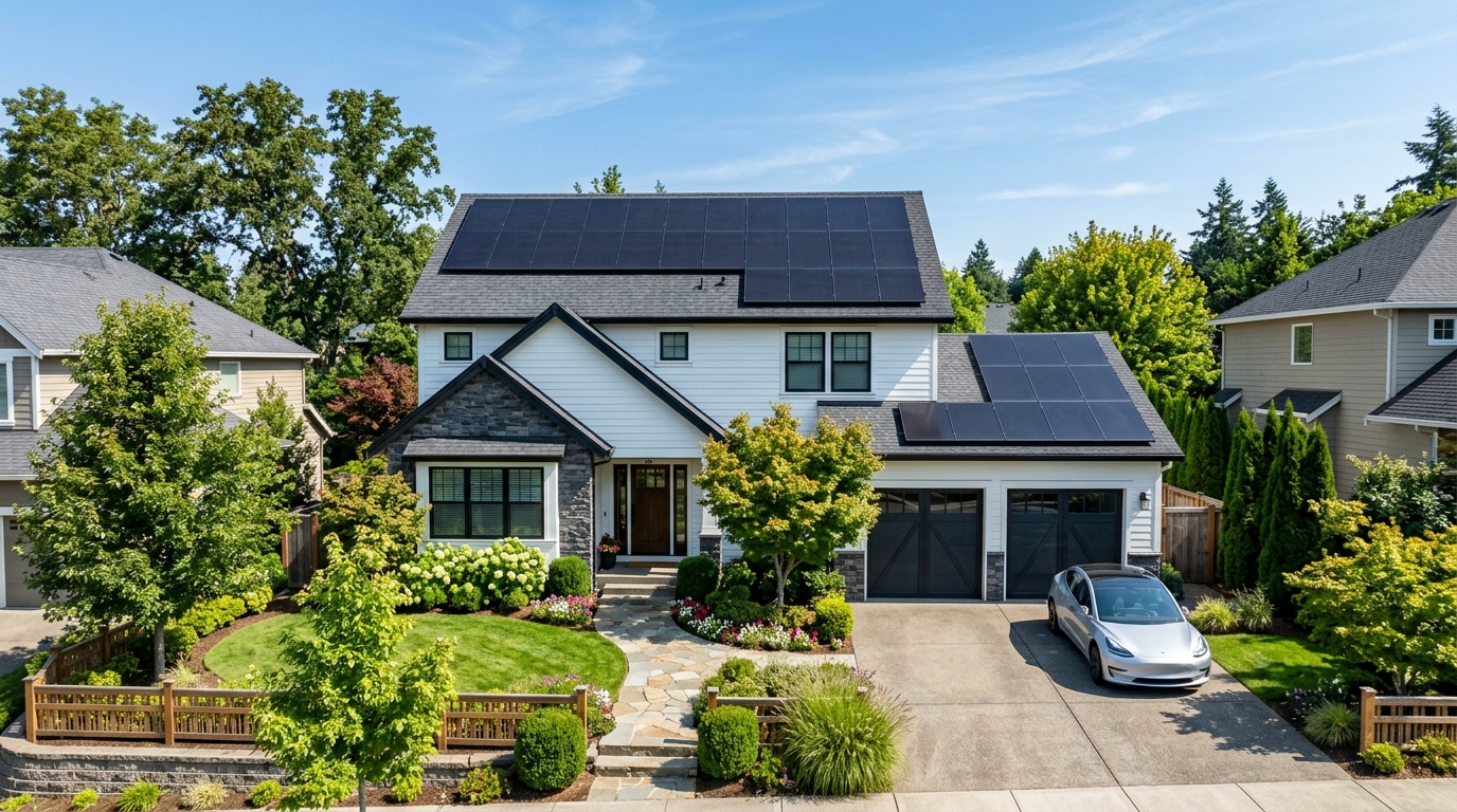 Residential rooftop solar panels installed on a suburban home in the United States