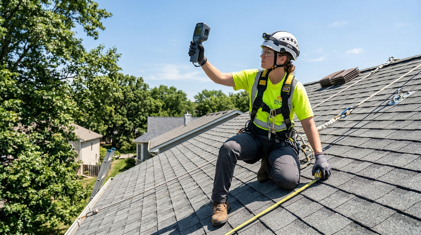 Solar installer on a roof assessing pitch and shading conditions before panel installation