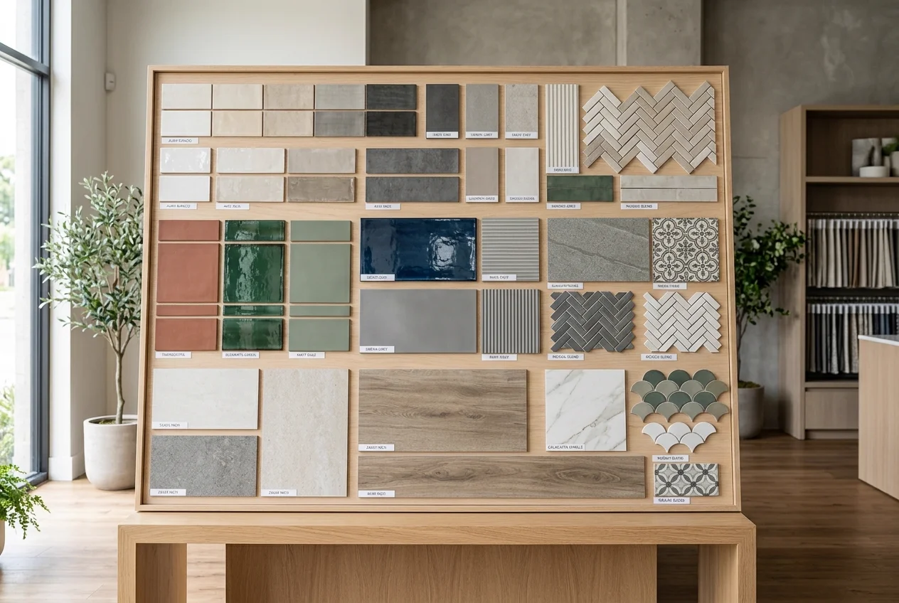 Showroom board displaying ceramic and porcelain tiles of various colors and designs