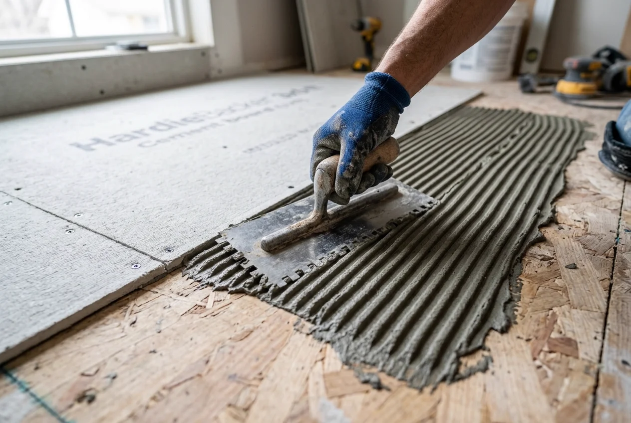 Spreading thinset mortar on plywood subfloor with a notched trowel for cement backerboard installation